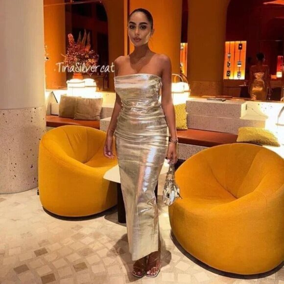 Zara Strapless Fitted Midi Dress Silver Metallic Size XS - Picture 6 of 12